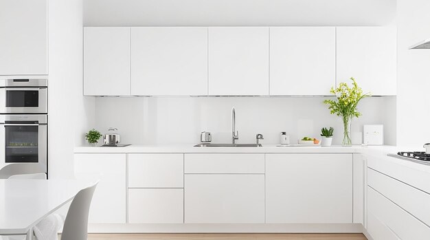 麗なステンレス鋼の家電と明るい白いカウンタートップを持つ現代的なミニマリストのキッチン