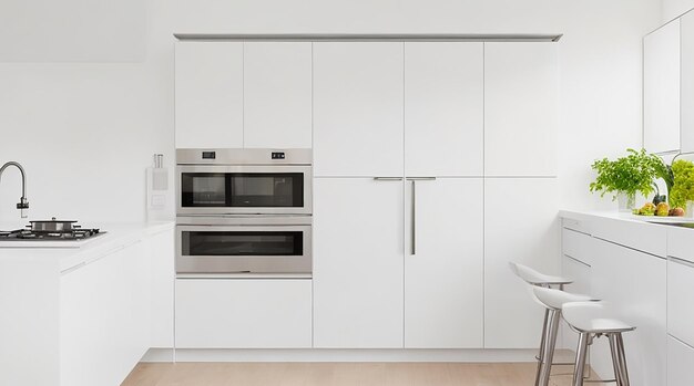 A modern minimalist kitchen with sleek stainless steel appliances and a bright white countertop