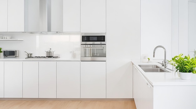 Современная минималистская кухня с гладкими приборами из нержавеющей стали и ярко-белой столовой