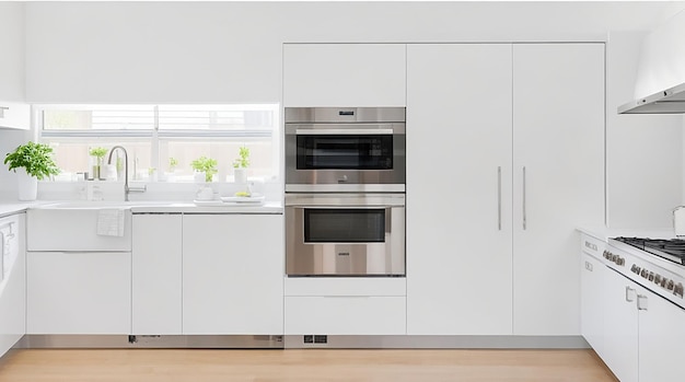 A modern minimalist kitchen with sleek stainless steel appliances and a bright white countertop