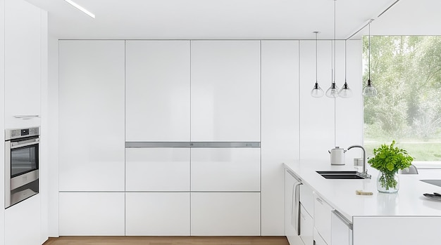 A modern minimalist kitchen with sleek stainless steel appliances and a bright white countertop