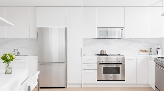 麗なステンレス鋼の家電と明るい白いカウンタートップを持つ現代的なミニマリストのキッチン