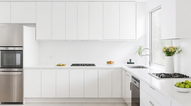 A modern minimalist kitchen with sleek stainless steel appliances and a bright white countertop