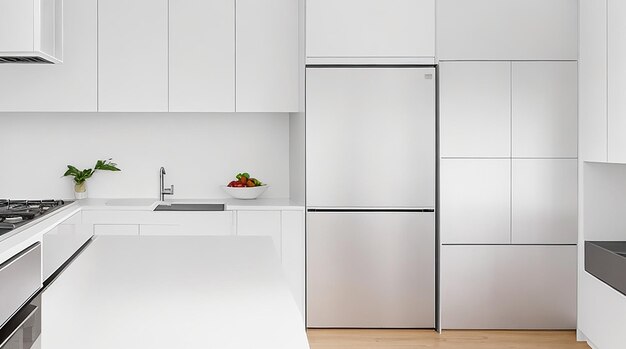 A modern minimalist kitchen with sleek stainless steel appliances and a bright white countertop