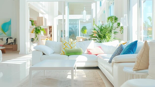 Современная минималистская гостиная, купающаяся в естественном солнечном свете
