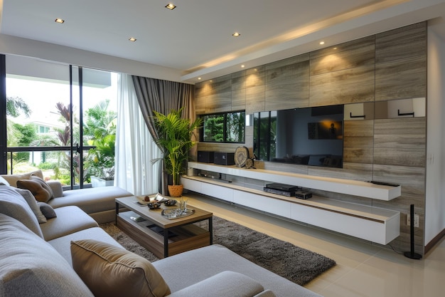 Modern and minimalist living room design with large windows and a focus on natural light