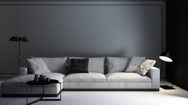 Modern minimalist living room gray empty walls large corner sofa round coffee table floor lamps whit