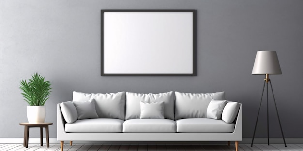 Modern and Minimalist Living Room Interior Design with Blank Picture Frame Mockup Generative AI