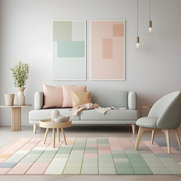 Modern minimalist living room interior soft pastel aesthetic living room generative ai