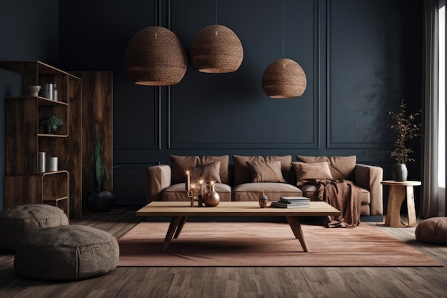 Modern Minimalist Living Room with Dark Blank Wall and Dry Plants in Vases