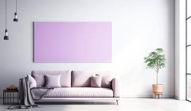 Modern and minimalist living room with sofa in purple and white Free space for text AI generated