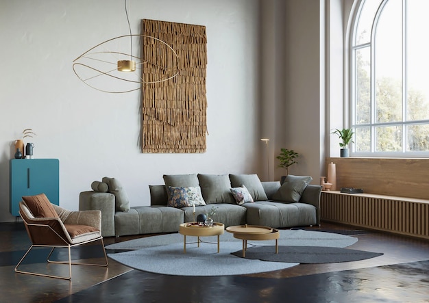 Modern minimalist livingroom decoration 3d render scene\
illustration