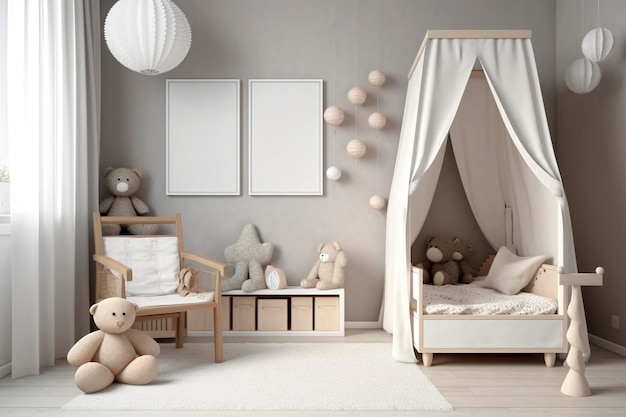 스칸디나비아 스타일의 미니멀리즘 유치원 아기 방 인테리어는 밝은 색으로 인공지능이 생성한 이미지입니다.