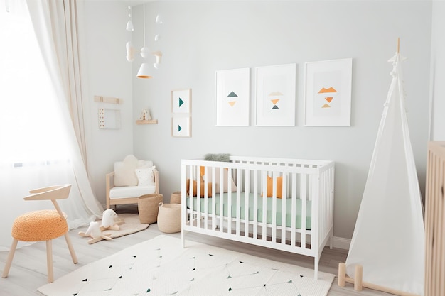 Modern minimalist nursery room in scandinavian style Baby room interior in light colours AI generated image