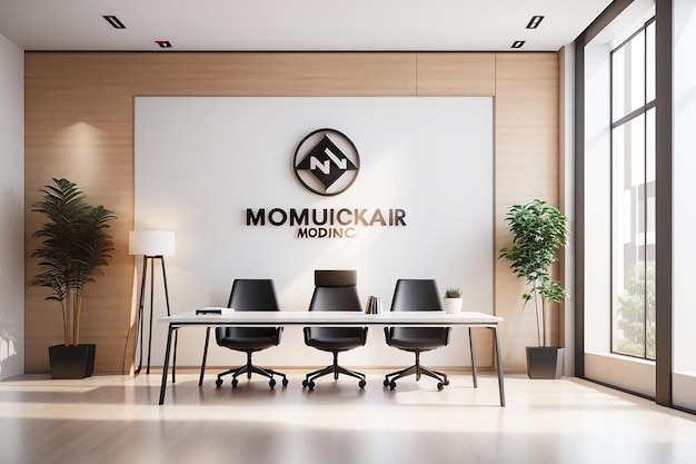 Photo modern minimalist office with company logo 3d wall mockup