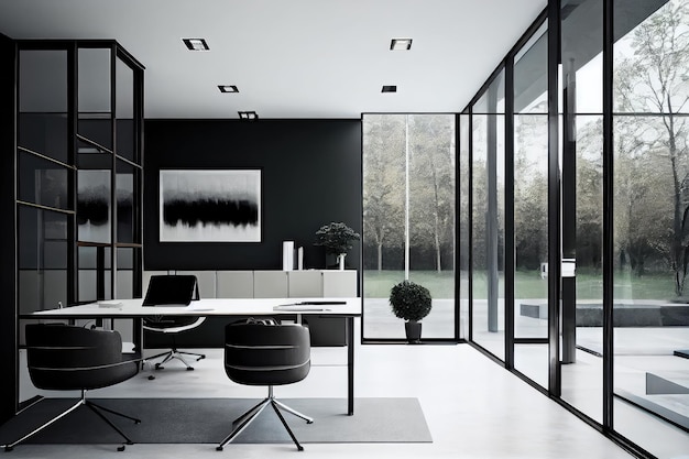 洗練された家具とジェネレーティブ AI で作成されたガラスの壁を備えたモダンなミニマリスト オフィス