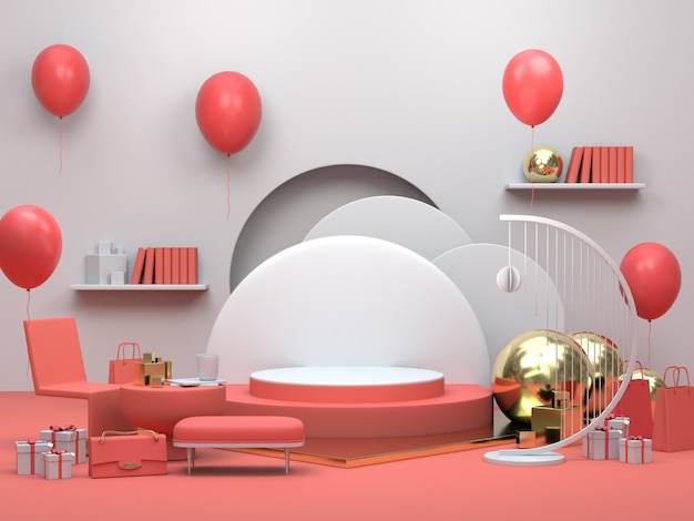 modern minimalist podium display or showcase, interior living room apartment with balloons