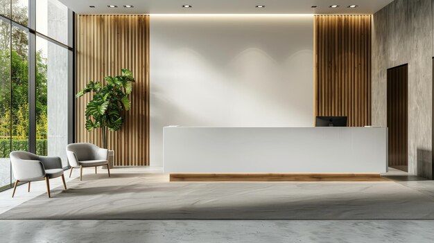 Photo modern minimalist reception area with white desk wooden accents and indoor plants in a bright office space