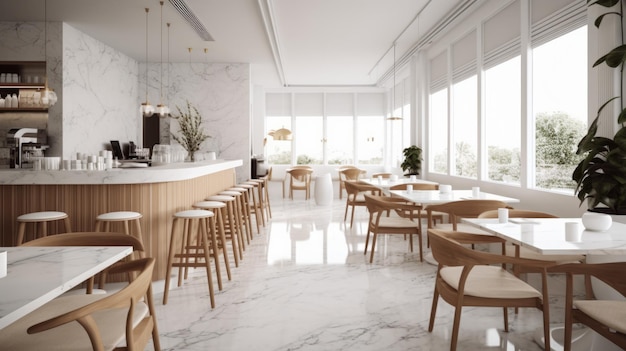 A modern and minimalist restaurant counter bar and marble floor The decor is sleek Generative AI