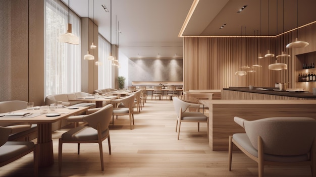 A modern and minimalist restaurant counter bar and marble floor The decor is sleek Generative AI