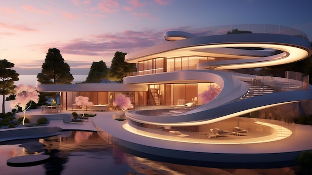 Modern minimalist round and curved shaped luxury house villa with terrace on sea shore at sunset