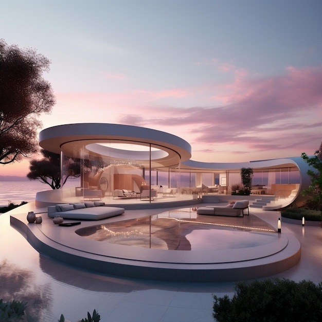 Modern minimalist round and curved shaped luxury house villa with terrace on sea shore at sunset