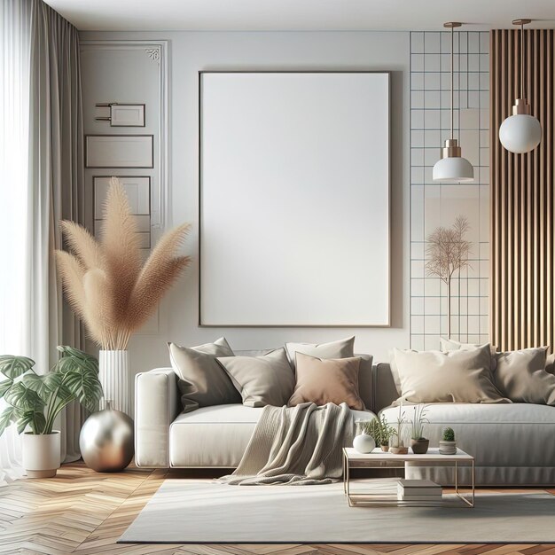Modern and Minimalist Scandinavian Living Room Poster Frame Mockup Blank Picture Frame Mockup