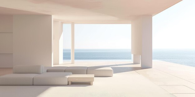 Современный минималистский интерьер гостиной на берегу моря