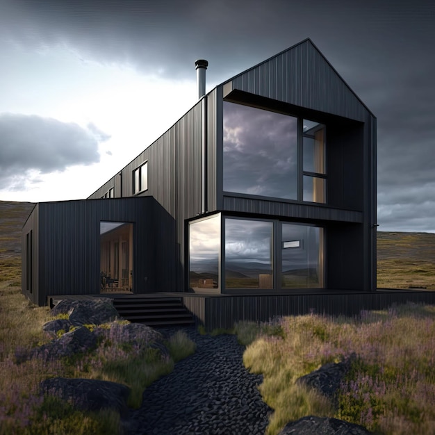 modern minimalist style architecture house in iceland landscape generative AI