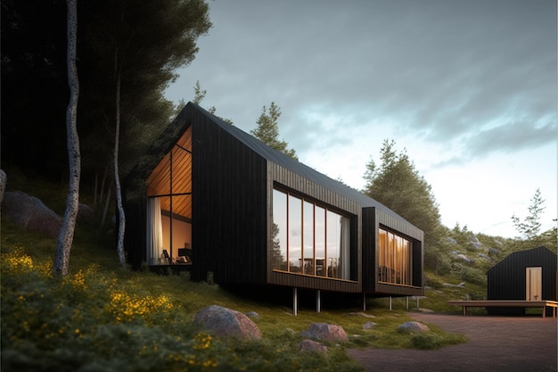 modern minimalist style cabin in clearing wilderness area AI generative