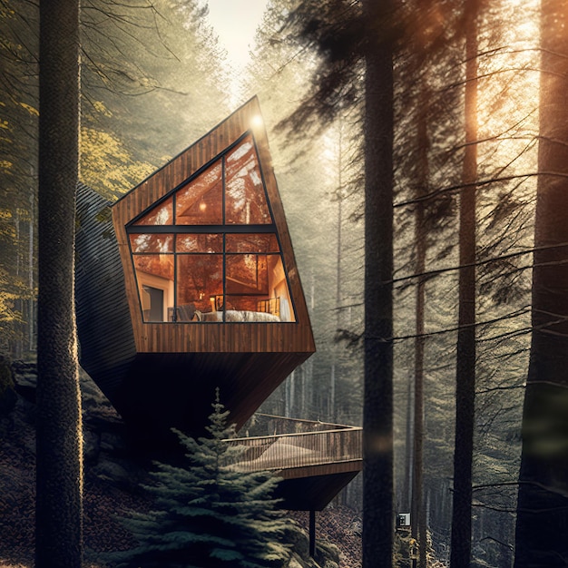 modern minimalist style cabin in clearing wilderness area AI generative