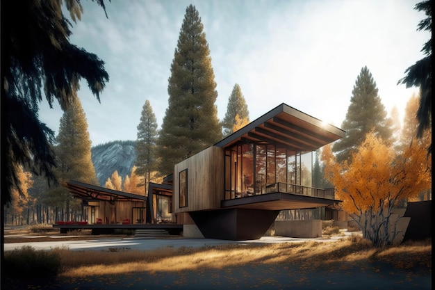 modern minimalist style cabin in clearing wilderness area AI generative