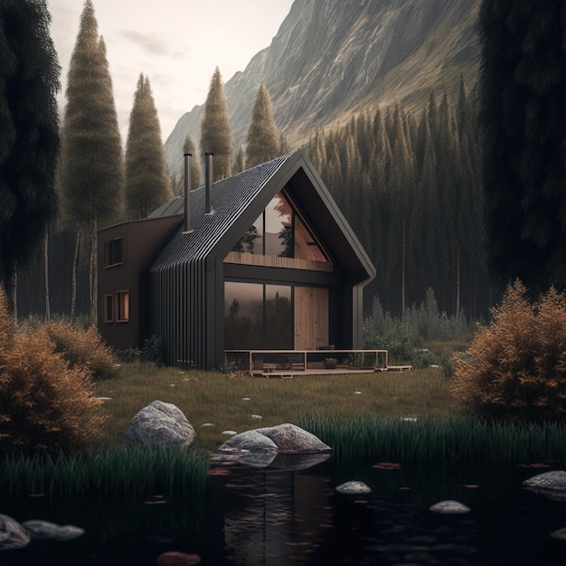 modern minimalist style cabin in clearing wilderness area AI generative