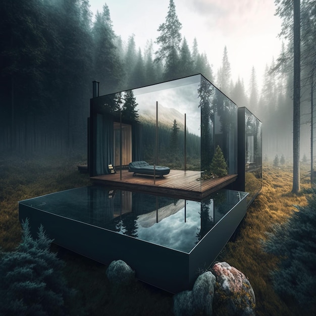 modern minimalist style cabin in clearing wilderness area AI generative