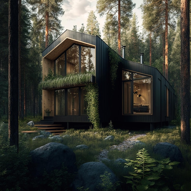 modern minimalist style cabin in clearing wilderness area AI generative