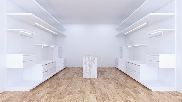 Modern minimalist walk in closet with white wardrobe interior design