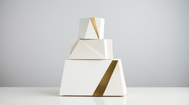 A modern and minimalist wedding cake with geometric shapes and gold accents