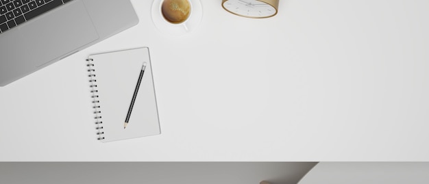 Modern minimalist white office desk workspace background with copy space and stuff top view