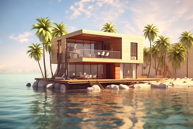 a modern minimalist wooden villa on a beautiful island in the middle of the sea on a sunny day