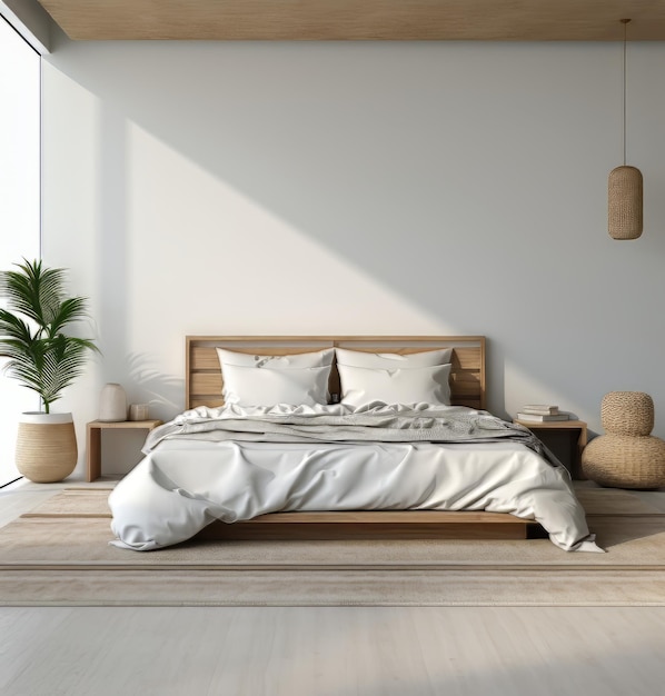 Foto moderno design minimalista della camera da letto con toni neutri e luce naturale