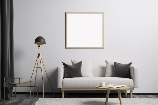 Camera moderna e minimalista con un mockup di foto incorniciato appeso direttamente al muro