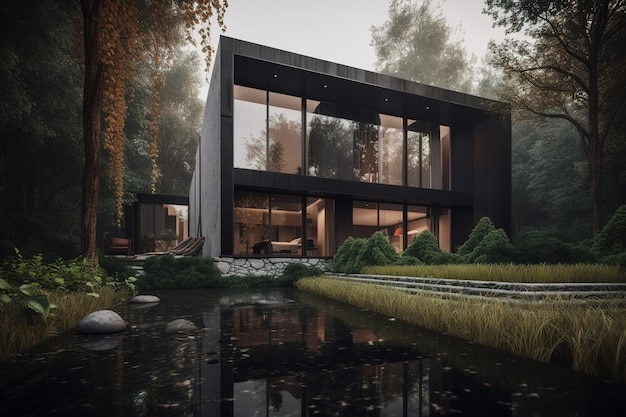 Modern minimalistic twostory country house in forest near pond exterior Generative AI