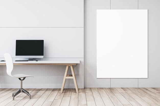 Modern minimalistic white interior with workplace and computer monitor mock up banner on wall and wooden flooring 3D Rendering