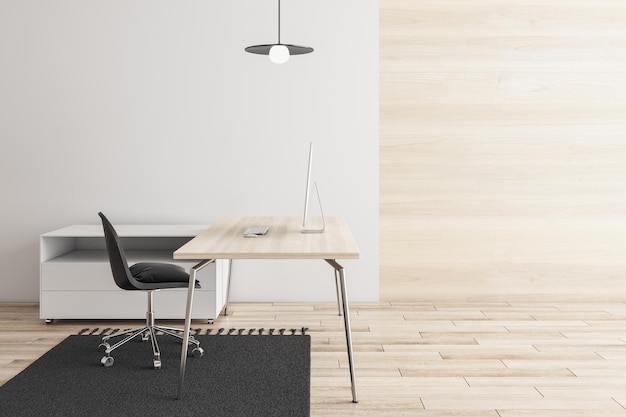 Modern minimalistic wooden office interior with blank mock up place on wall workplace carpet furniture and computer device Style and design concept 3D Rendering