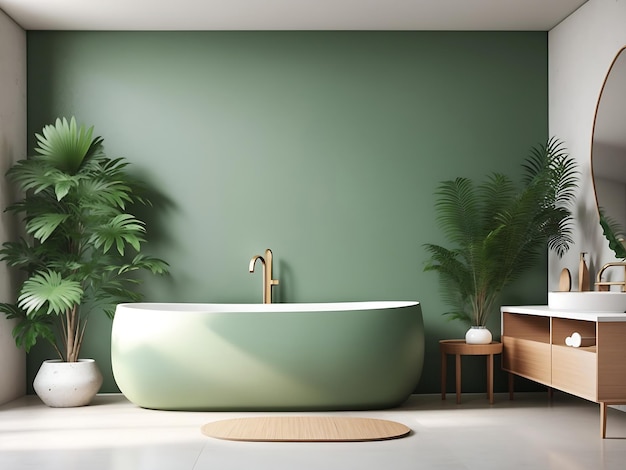 Modern minimalistisch badkamerinterieur groen badkamermeubel witte wastafel houten ijdelheid Genereer AI