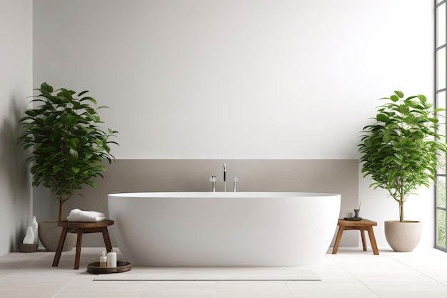 Modern minimalistisch badkamerinterieur met witte badkuip en groene planten