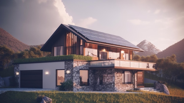 Modern minimalistisch chalet met twee verdiepingen in de bergen met zonnepanelen op de dakcombinatie van wo