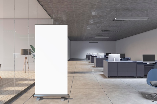 Modern minimalistisch coworking-interieur met lege witte mock-up roll-up banner en meubels 3D Rendering