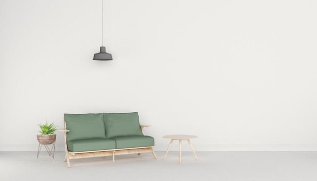 Modern minimalistisch interieur met bank op lege witte muurachtergrond