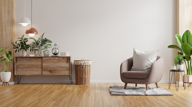Modern minimalistisch interieur met een fauteuil op lege witte muur 3D-rendering